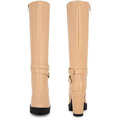 Round Toe Platform Chunky Heels Knee High Boots for Women