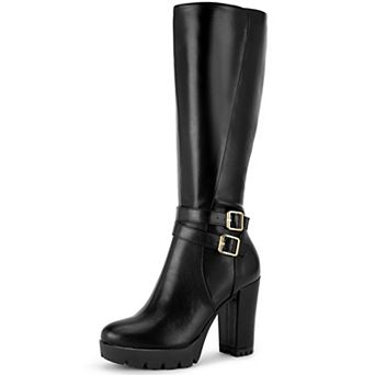Round Toe Platform Chunky Heels Knee High Boots for Women