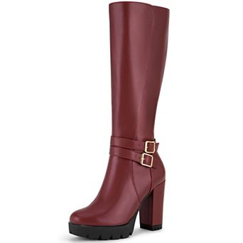 Round Toe Platform Chunky Heels Knee High Boots for Women