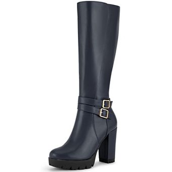 Round Toe Platform Chunky Heels Knee High Boots for Women