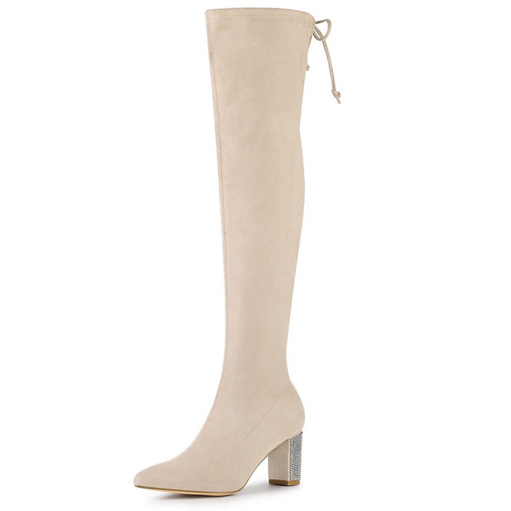 Pointed toe Chunky Heels Rhinestone Knee High Boots