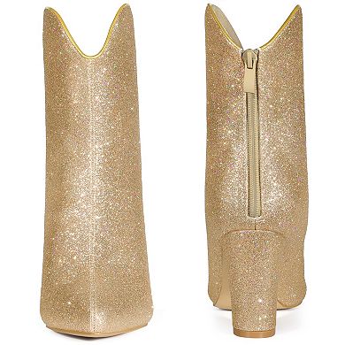 Women's Glitter V Shape Pointy Toe Back Zipper Block Heels Mid Calf Boots
