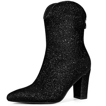 Women's Glitter V Shape Pointy Toe Back Zipper Block Heels Mid Calf Boots