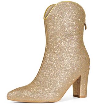 Women's Glitter V Shape Pointy Toe Back Zipper Block Heels Mid Calf Boots