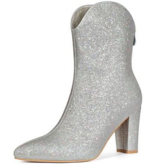 Women's Glitter V Shape Pointy Toe Back Zipper Block Heels Mid Calf Boots