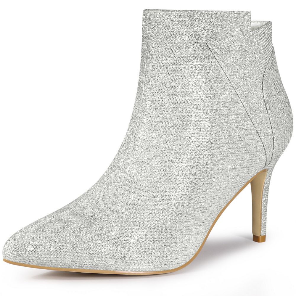 INC Womens Silver Embellished Pointed Toe Stiletto Zip-Up Dress Heeled Boots M