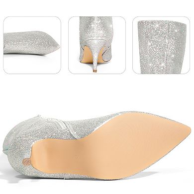 Glitter Pointed Toe Sparkly Stiletto Heel Knee High Boots for Women