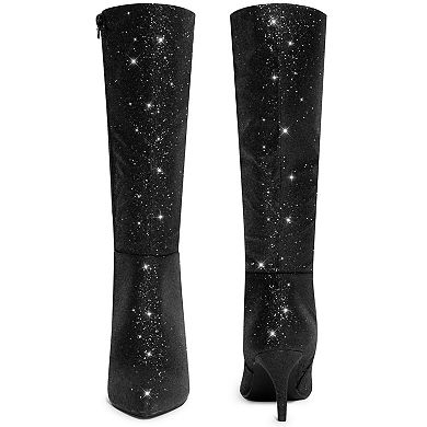 Glitter Pointed Toe Sparkly Stiletto Heel Knee High Boots for Women