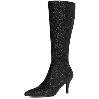 Glitter Pointed Toe Sparkly Stiletto Heel Knee High Boots for Women