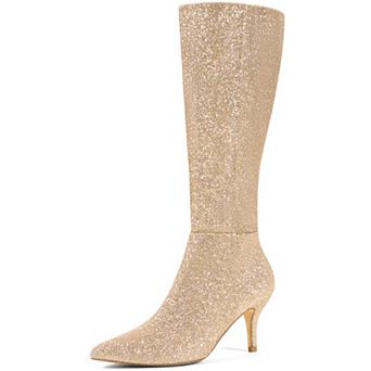 Glitter Pointed Toe Sparkly Stiletto Heel Knee High Boots for Women