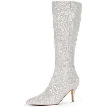 Glitter Pointed Toe Sparkly Stiletto Heel Knee High Boots for Women