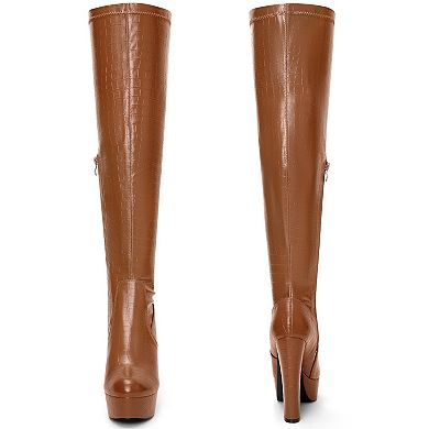 Stone Pattern Platform Boots Block Heels Over Knee Thigh High Boots for Women