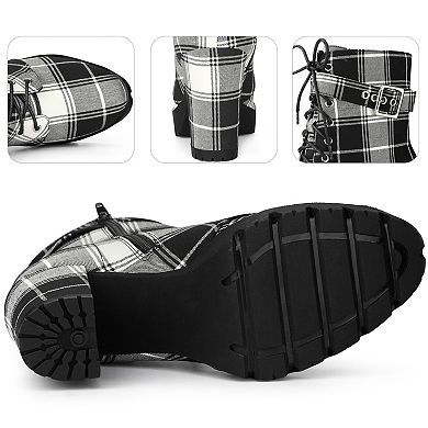Platform Lace Up Chunky Heel Plaid Printed Ankle Combat Boots for Women