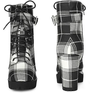 Platform Lace Up Chunky Heel Plaid Printed Ankle Combat Boots for Women