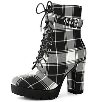 Platform Lace Up Chunky Heel Plaid Printed Ankle Combat Boots for Women