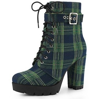 Platform Lace Up Chunky Heel Plaid Printed Ankle Combat Boots for Women