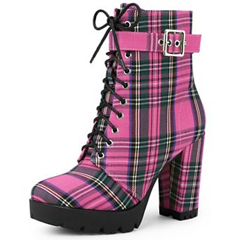 Platform Lace Up Chunky Heel Plaid Printed Ankle Combat Boots for Women