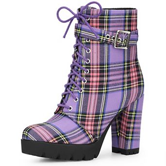 Platform Lace Up Chunky Heel Plaid Printed Ankle Combat Boots for Women