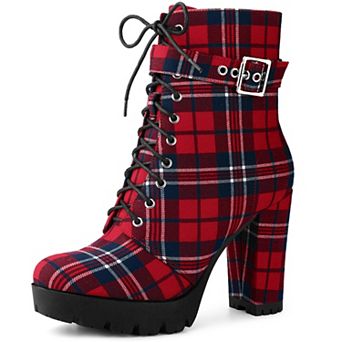 Platform Lace Up Chunky Heel Plaid Printed Ankle Combat Boots for Women