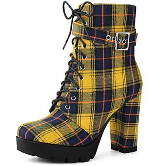 Platform Lace Up Chunky Heel Plaid Printed Ankle Combat Boots for Women