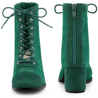 Square Toe Lace Up Floral Lace Block Heels Ankle Boots for Women