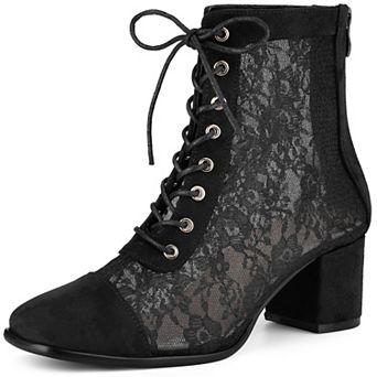 Square Toe Lace Up Floral Lace Block Heels Ankle Boots for Women
