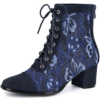 Square Toe Lace Up Floral Lace Block Heels Ankle Boots for Women