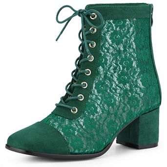 Square Toe Lace Up Floral Lace Block Heels Ankle Boots for Women