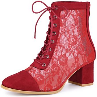 Square Toe Lace Up Floral Lace Block Heels Ankle Boots for Women