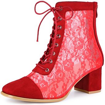 Square Toe Lace Up Floral Lace Block Heels Ankle Boots for Women