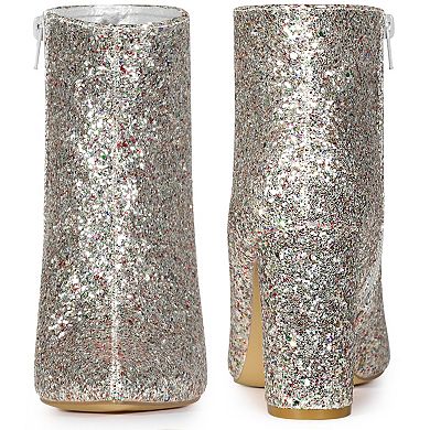 Glitter Pointed Toe Chunky Heels Sparkly Booties Ankle Boots for Women