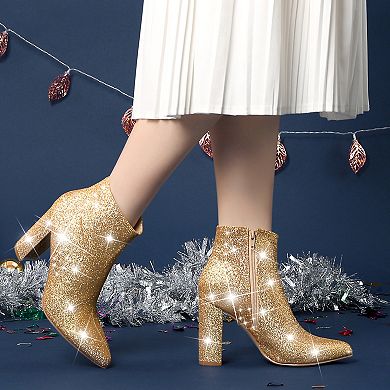 Glitter Pointed Toe Chunky Heels Sparkly Booties Ankle Boots for Women