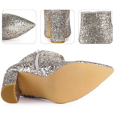 Glitter Pointed Toe Chunky Heels Sparkly Booties Ankle Boots for Women