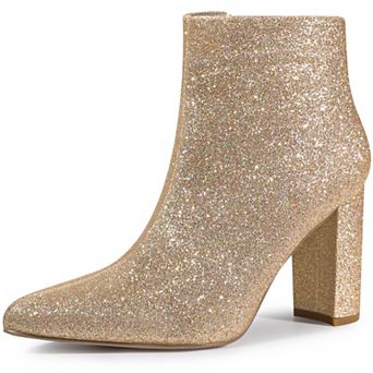 Glitter Pointed Toe Chunky Heels Sparkly Booties Ankle Boots for Women