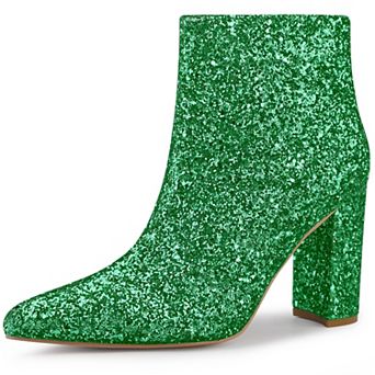 Glitter Pointed Toe Chunky Heels Sparkly Booties Ankle Boots for Women