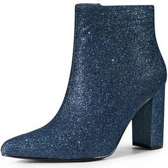 Glitter Pointed Toe Chunky Heels Sparkly Booties Ankle Boots for Women
