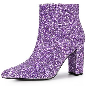 Glitter Pointed Toe Chunky Heels Sparkly Booties Ankle Boots for Women
