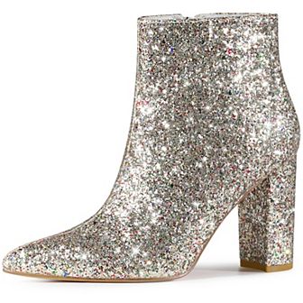 Glitter Pointed Toe Chunky Heels Sparkly Booties Ankle Boots for Women