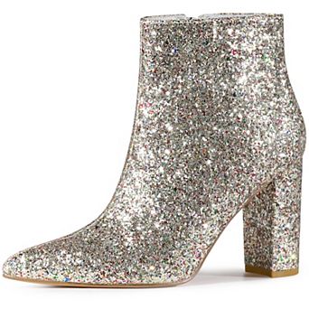 Glitter Pointed Toe Chunky Heels Sparkly Booties Ankle Boots for Women