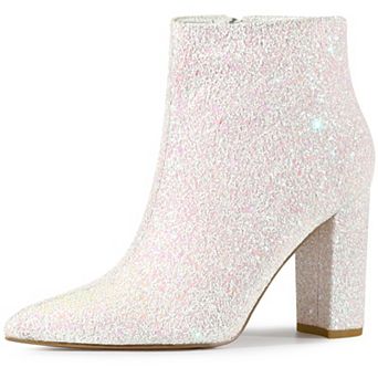 Glitter Pointed Toe Chunky Heels Sparkly Booties Ankle Boots for Women