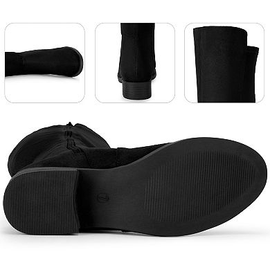 Round Toe Side Zip Chunky Heels Knee High Boots for Women