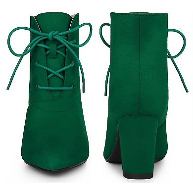 Pointed Toe Lace Up Block Heel Ankle Boots for Women