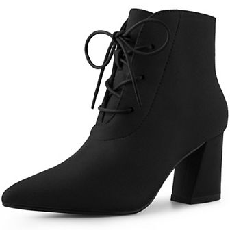 Pointed Toe Lace Up Block Heel Ankle Boots for Women