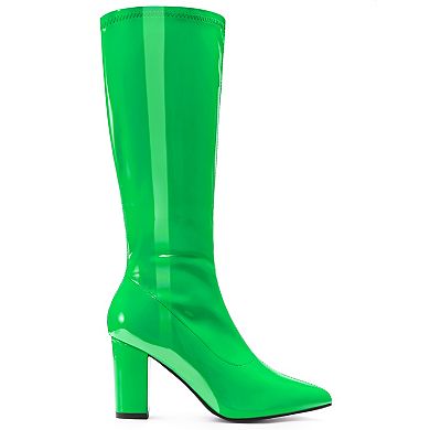 Go Go Boot Patent Leather Chunky Heels Knee High Boots for Women