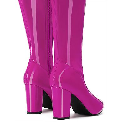 Go Go Boot Patent Leather Chunky Heels Knee High Boots for Women