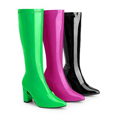 Go Go Boot Patent Leather Chunky Heels Knee High Boots for Women