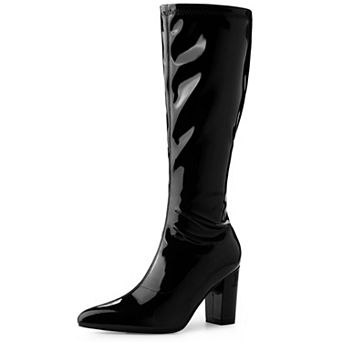 Go Go Boot Patent Leather Chunky Heels Knee High Boots for Women