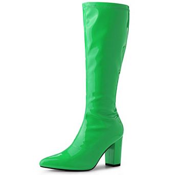 Go Go Boot Patent Leather Chunky Heels Knee High Boots for Women