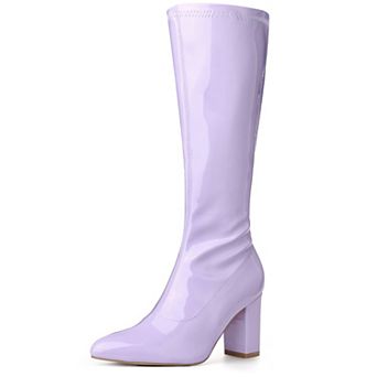 Go Go Boot Patent Leather Chunky Heels Knee High Boots for Women