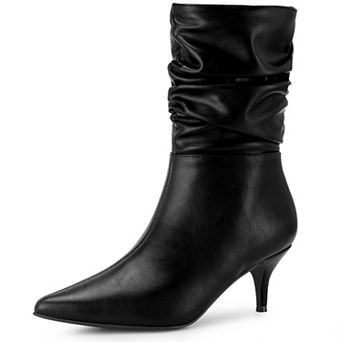 Pointed Toe Slouch Kitten Heel Boot Mid-Calf Boots for Women
